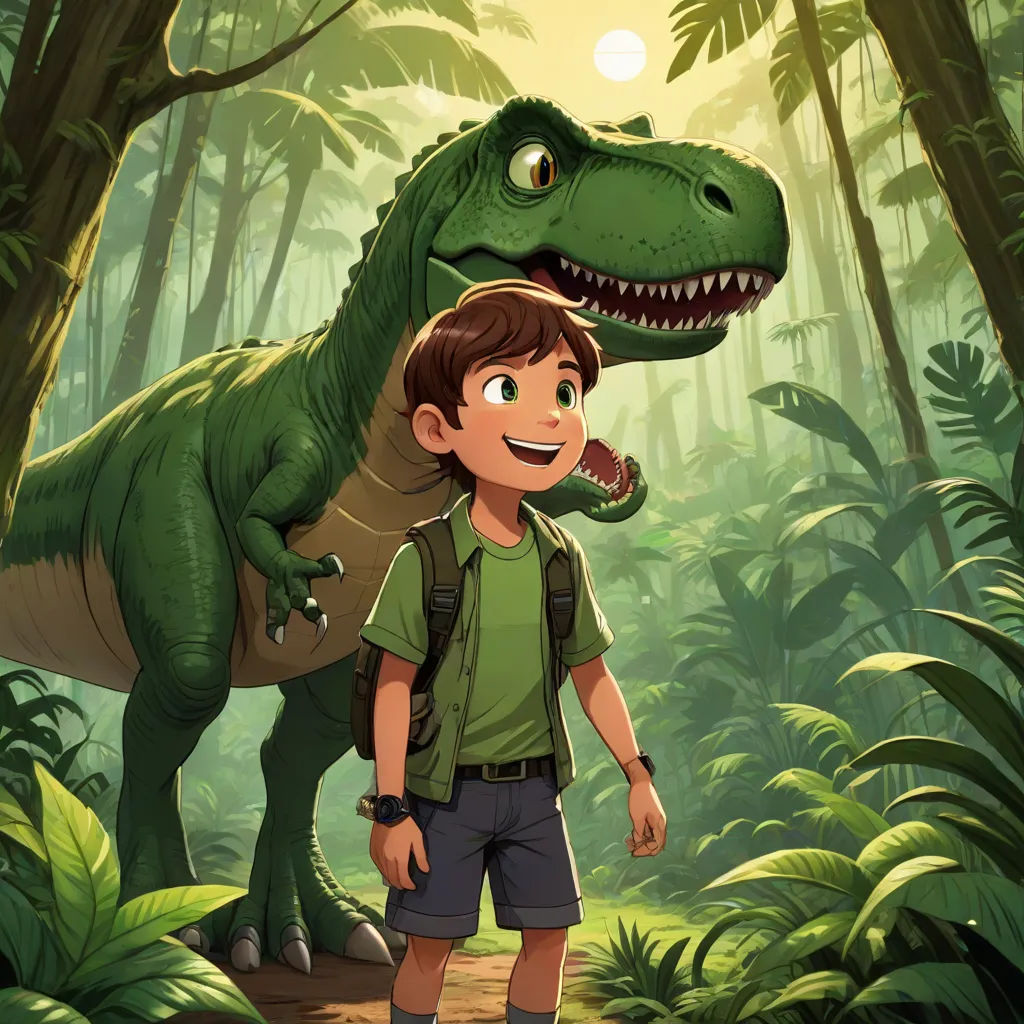 a boy is standing in the jungle with a dinosaur on his back and a dinosaur on his shoulder,, sots art, a storybook illustration, Adam Rex, rossdraws global illumination