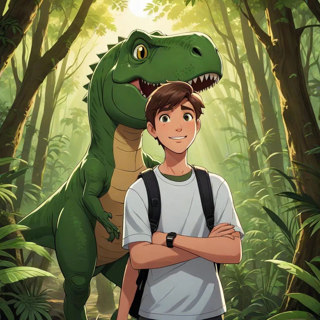 a boy standing in front of a dinosaur in a forest with his arms crossed and a smiling man standing next to him, lyco art, a storybook illustration, Adam Rex, rossdraws global illumination