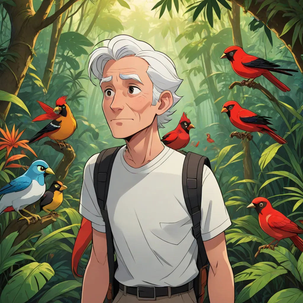 a man with a backpack standing in front of a forest full of birds and a bird - watching man, environmental art, a character portrait, Cliff Childs, official art