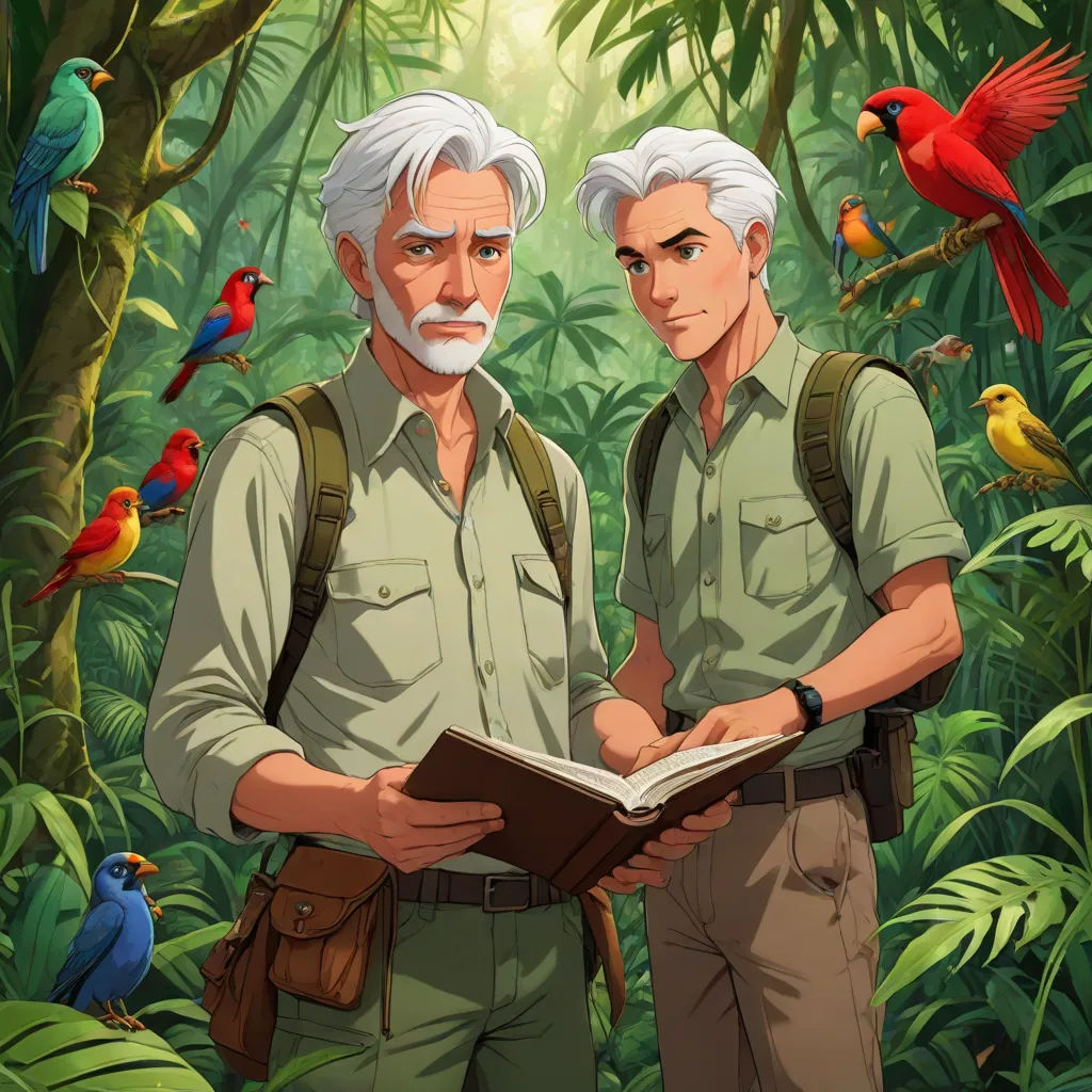 two men standing in front of a jungle with birds on the trees and a book in his hands,, naturalism, poster art, Brothers Hildebrandt, official art