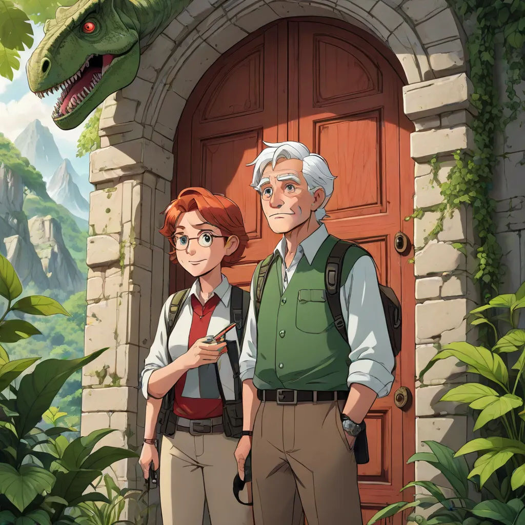 a man and a woman standing in front of a door with a dinosaur on it's back and a door with a dinosaur on it, fantasy art, poster art, Cliff Childs, official art