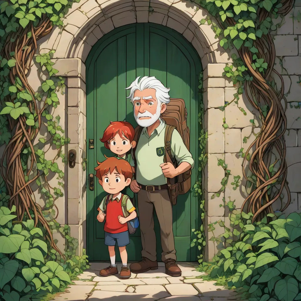 a man and a child standing in front of a green door with ivy growing around it and a man with a backpack on his shoulder, sots art, a storybook illustration, Armin Hansen, ghibli