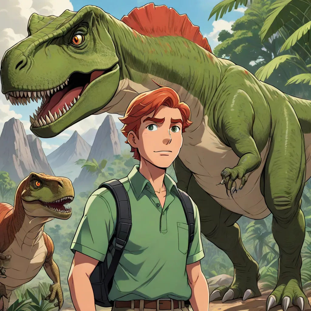 a man standing next to a dinosaur in a forest with trees and rocks in the background and a man in a green shirt, furry art, concept art, Adam Rex, official art
