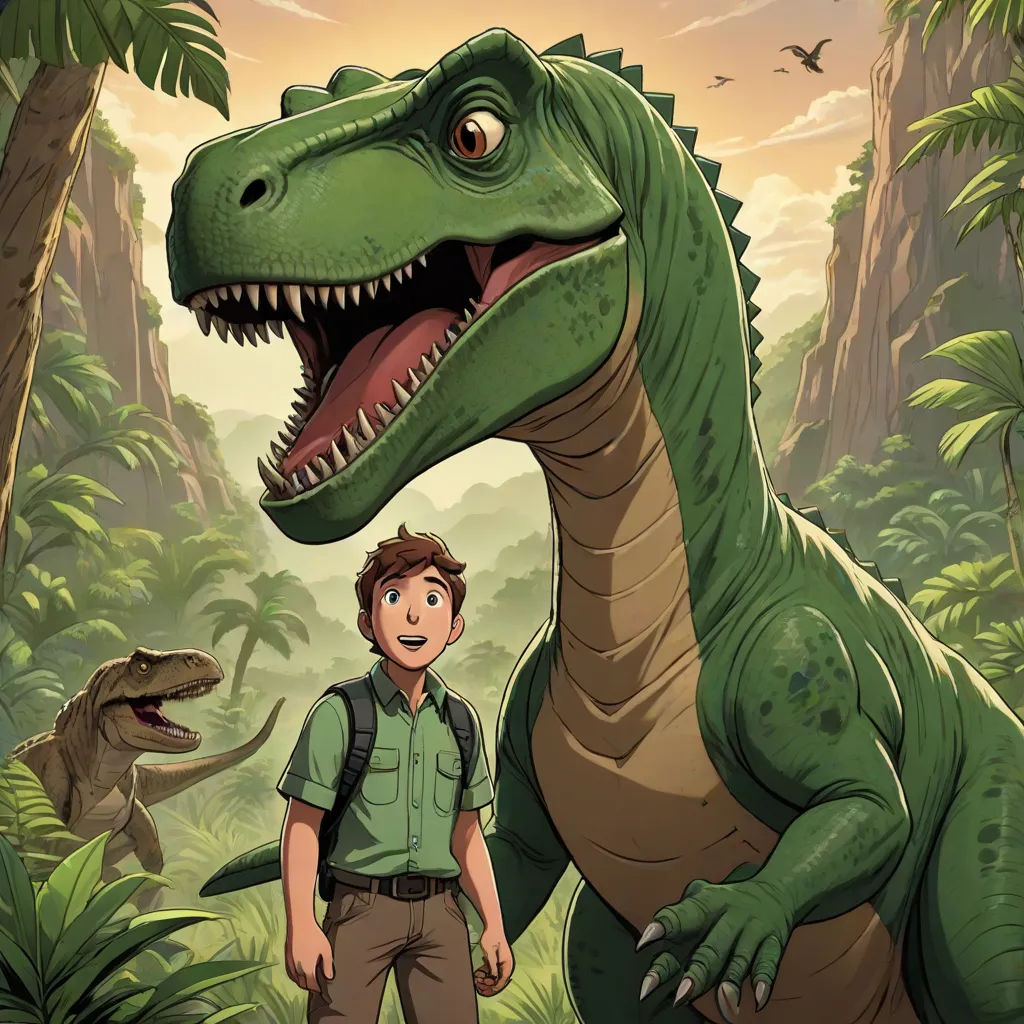 a man standing next to a dinosaur in a forest with other dinosaurs behind him and a man standing next to him, sots art, a storybook illustration, Adam Rex, official art