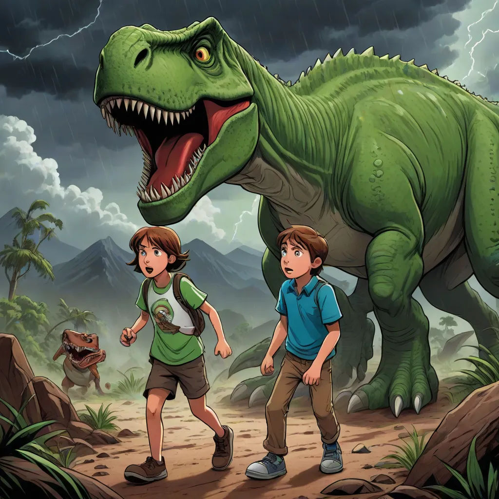 a boy and a boy are walking in front of a dinosaur with a huge mouth and a huge dinosaur, sots art, a storybook illustration, Adam Rex, official art