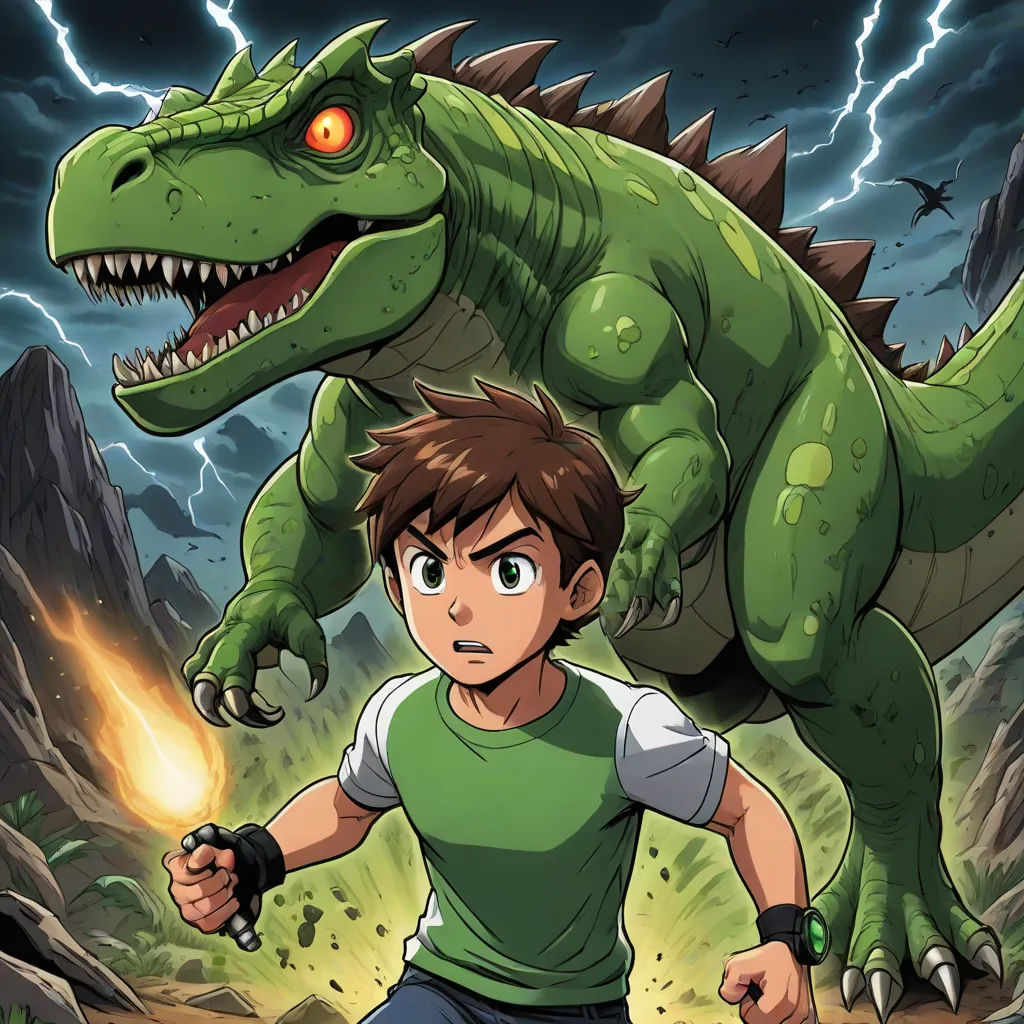 a young boy is running with a dinosaur on his back in front of him and a lightning bolt in the background, sots art, poster art, Adam Rex, comic cover art