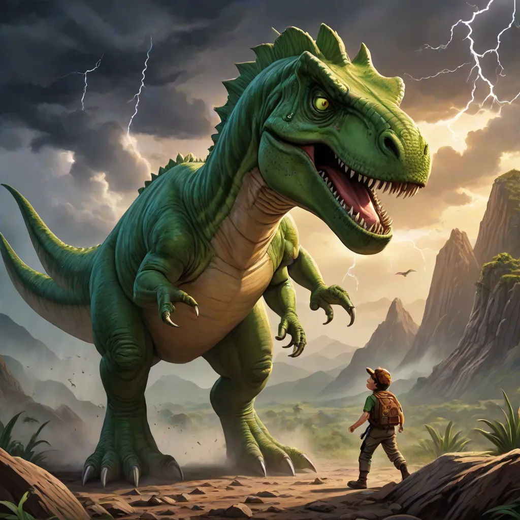 a dinosaur and a man in a field with a lightning background and a mountain range in the background with a lightning bolt, fantasy art, concept art, Adam Rex, magic the gathering artwork
