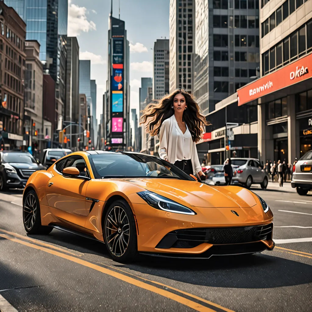 a woman standing on the hood of a sports car in a city street with tall buildings in the background, cubo-futurism, a digital rendering, Altichiero, affinity photo