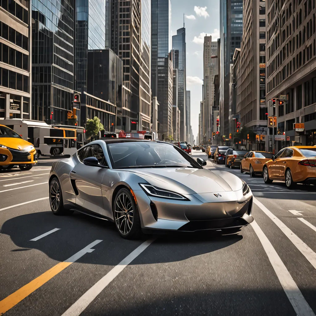 a silver sports car driving down a city street with tall buildings in the background and traffic lights on either side, panfuturism, a digital rendering, Fan Qi, promotional image