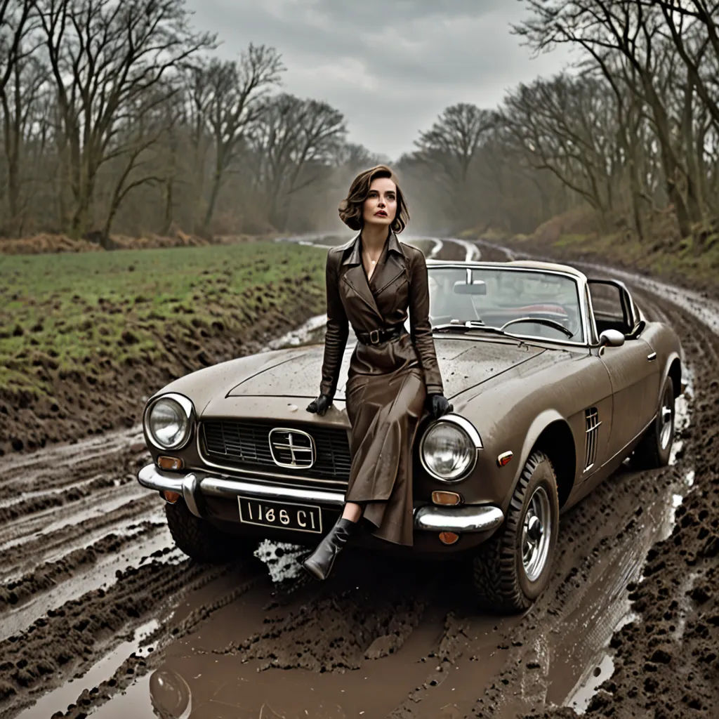 a woman in a trench coat leaning on a car in a muddy field with trees in the background and a muddy road, art photography, a matte painting, Annie Leibovitz, fashion photography