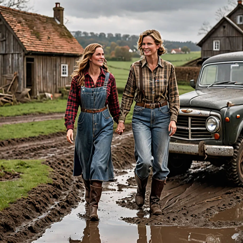 two women walking in mud next to a truck and a barn on a farm with a green truck in the background, kitsch movement, a stock photo, Christian Hilfgott Brand, promotional image