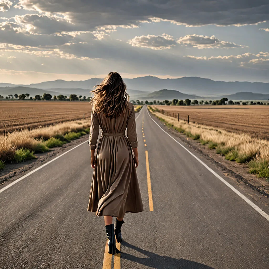 a woman walking down a road in a dress and boots with a long hair in the wind and a cloudy sky, figuration libre, a matte painting, Dirk Crabeth, cinematic photography