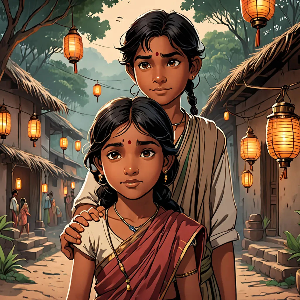a woman and a child standing in front of a village with lanterns hanging from the ceiling and a man standing next to her, serial art, a comic book panel, Ella Guru, comic cover art