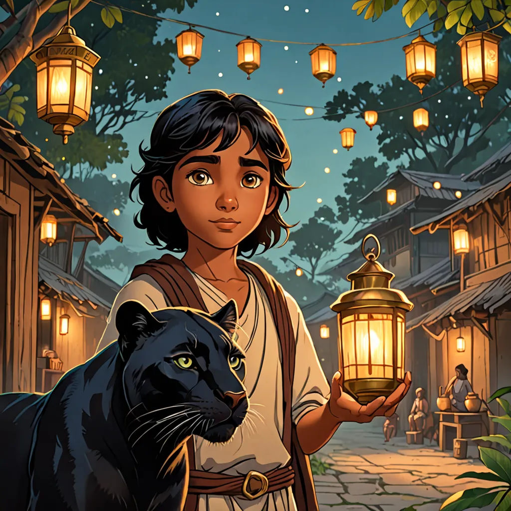 a girl holding a lantern and a black cat in a village at night with lanterns hanging from the trees, fantasy art, a storybook illustration, Diego Gisbert Llorens, comic cover art