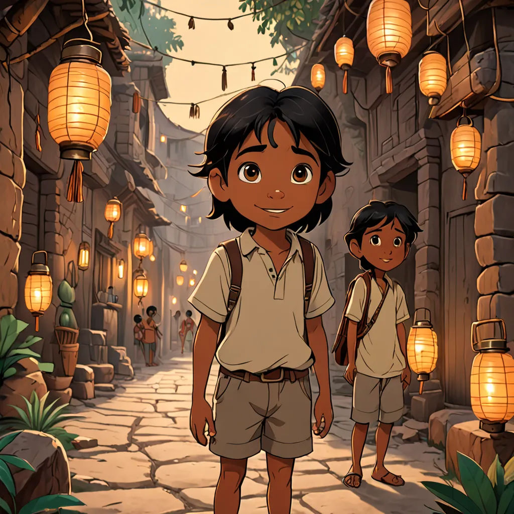 a boy and a girl standing in a street with lanterns hanging from the ceiling and a man standing next to them, visual art, concept art, disney, official art