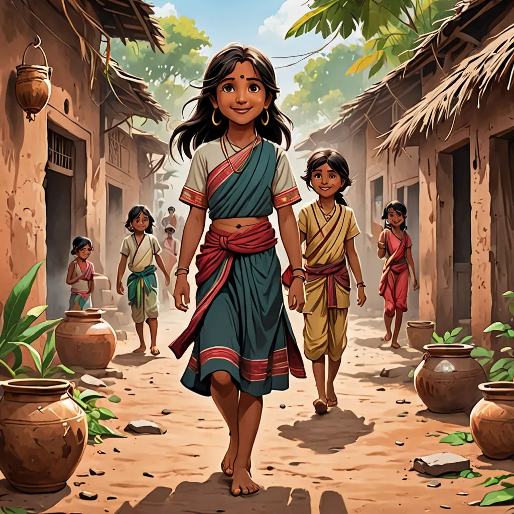a painting of a woman and two children walking down a street in a village with pots and trees on the side, samikshavad, a storybook illustration, Ella Guru, official art
