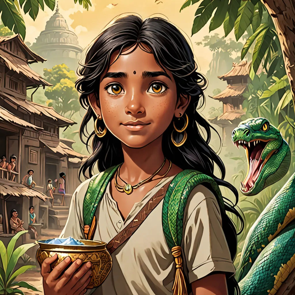 a woman holding a bowl in front of a snake and a building with people in the background and a snake on the wall, samikshavad, a storybook illustration, Drew Struzan, promotional image