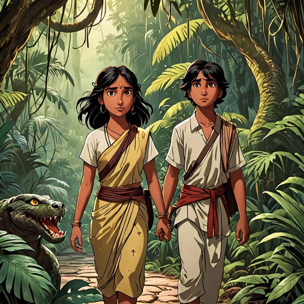 a couple of people walking in the jungle with a crocodile behind them and a man holding the hand of a woman, samikshavad, a storybook illustration, Brothers Hildebrandt, promotional image