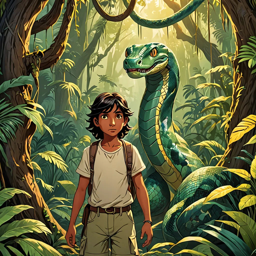 a boy standing in front of a snake in a jungle with a bicycle on his back and a bike hanging from the tree, cobra, poster art, Diego Gisbert Llorens, promotional image