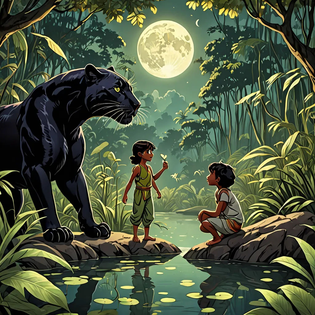 a boy and a girl are standing in front of a black cat in the jungle with a full moon, magical realism, a storybook illustration, Cliff Childs, comic cover art