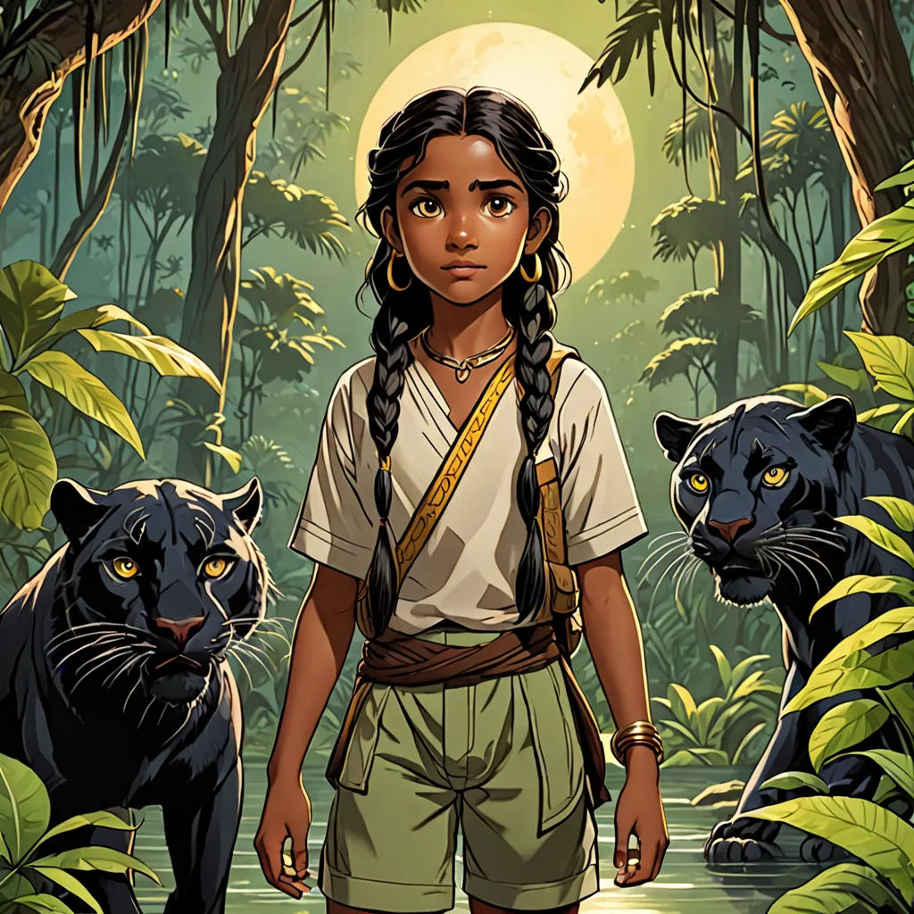 a girl in a white shirt and green shorts standing in front of a jungle with two black cats and a full moon, bengal school of art, poster art, Ella Guru, comic cover art
