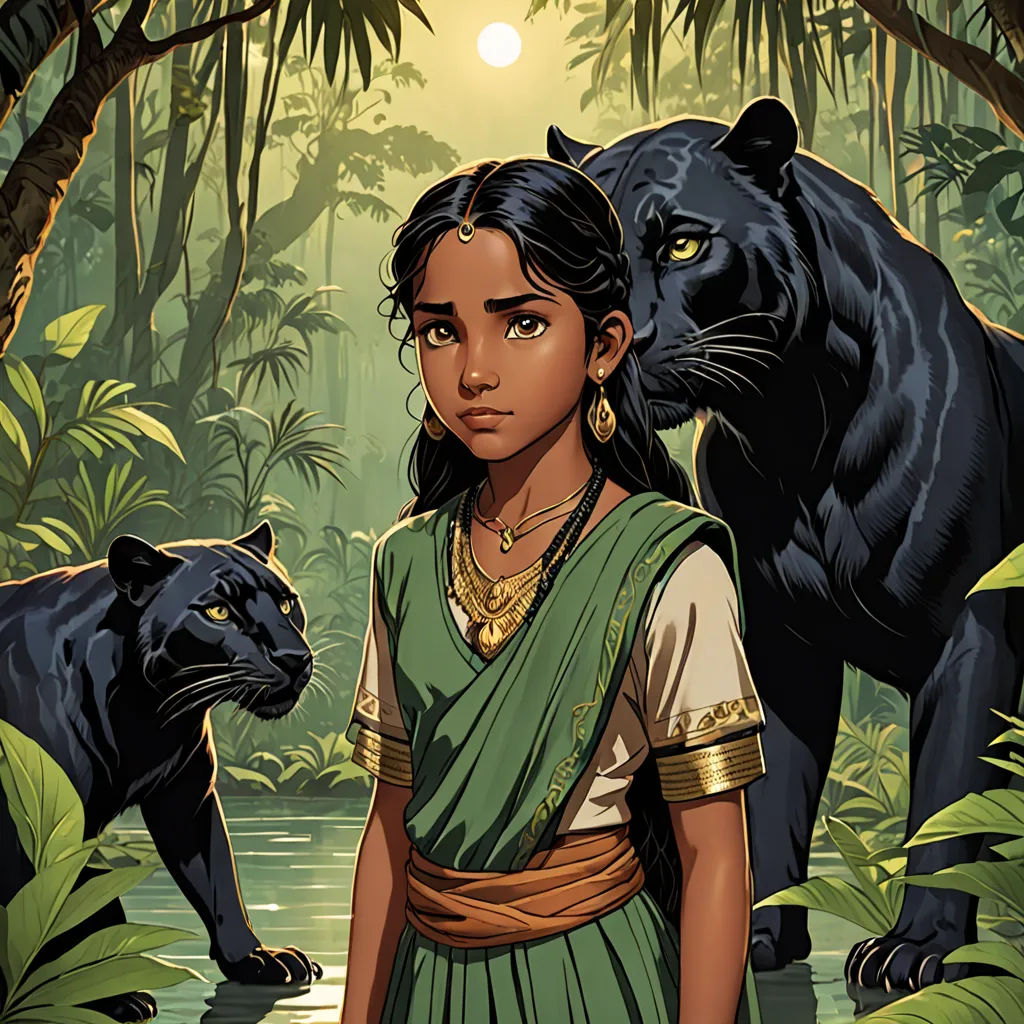 a woman in a green sari standing next to two black cats in a jungle setting with a stream, bengal school of art, a character portrait, Ella Guru, comic cover art