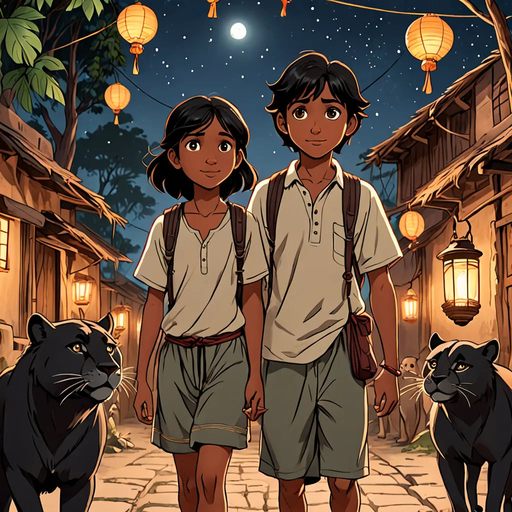 a couple of people standing next to a black cat on a street at night with lanterns hanging from the ceiling, sumatraism, a comic book panel, Cliff Childs, comic cover art