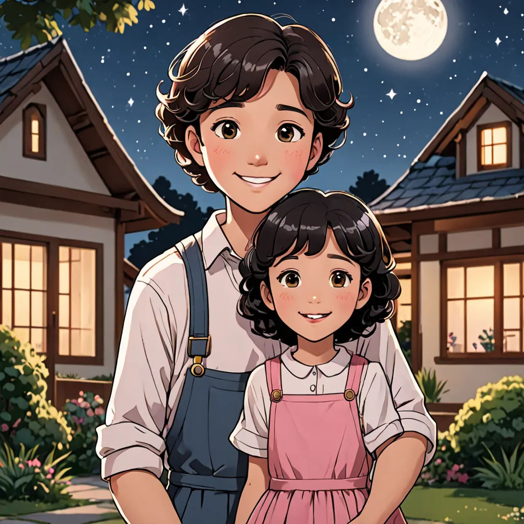 a man and a little girl standing in front of a house at night with the moon in the sky, serial art, a storybook illustration, Byeon Sang-byeok, official art