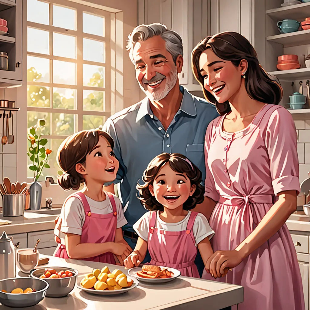 a family is gathered around a table with food on it and a man is smiling at the camera and a woman is standing behind them, american scene painting, a storybook illustration, Alejandro Burdisio, rossdraws global illumination