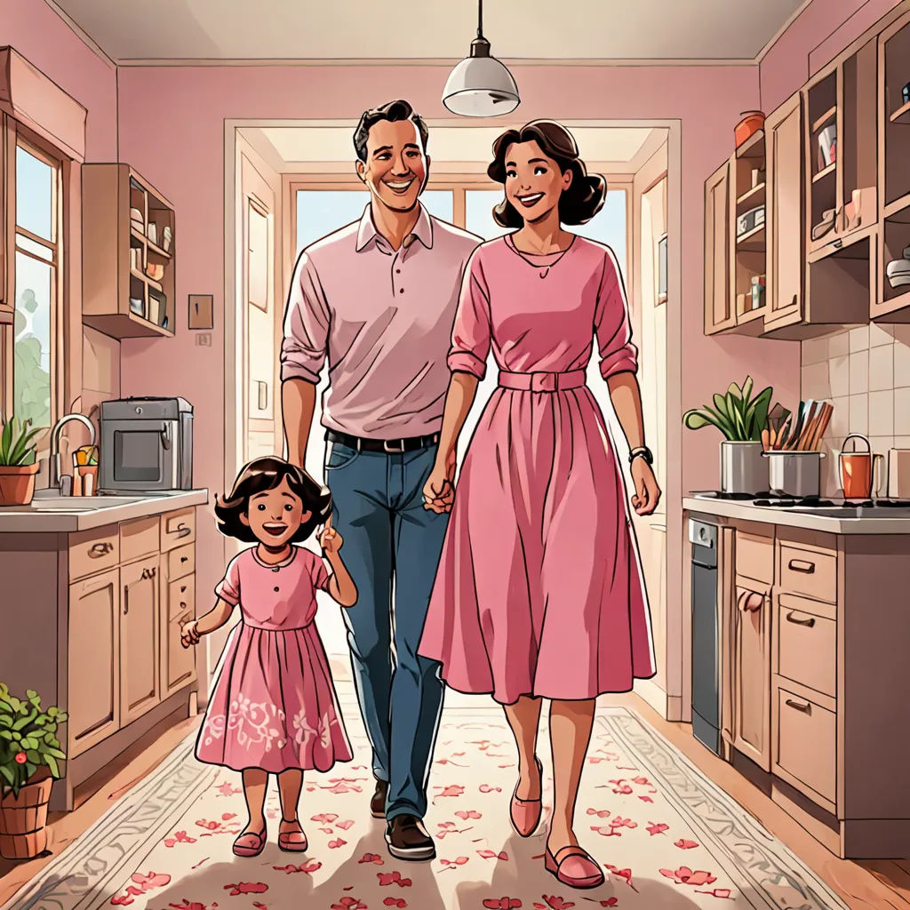 a man and woman walking through a kitchen with a little girl on her lap and a potted plant in the background, american realism, a storybook illustration, Chris Ware, promotional image