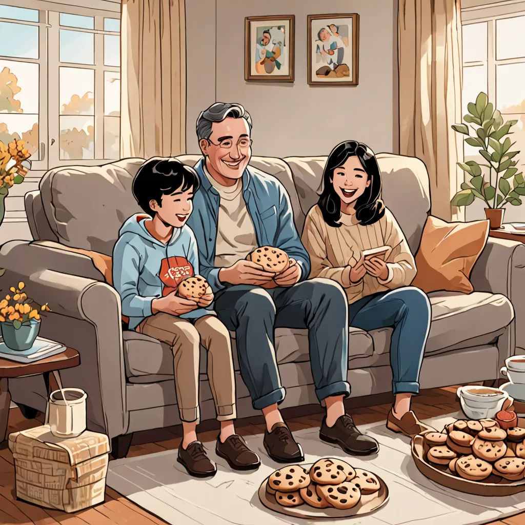 a family sitting on a couch in a living room with cookies and coffee on the table and a potted plant, american realism, a storybook illustration, David Park, high detail illustration