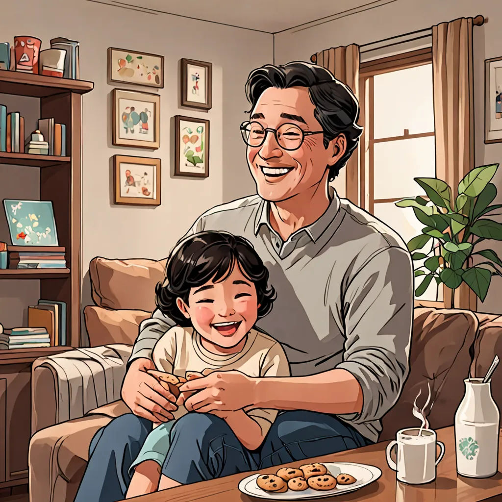 a man and a little girl sitting on a couch in a living room with a plate of donuts, private press, a storybook illustration, David Park, storybook illustration