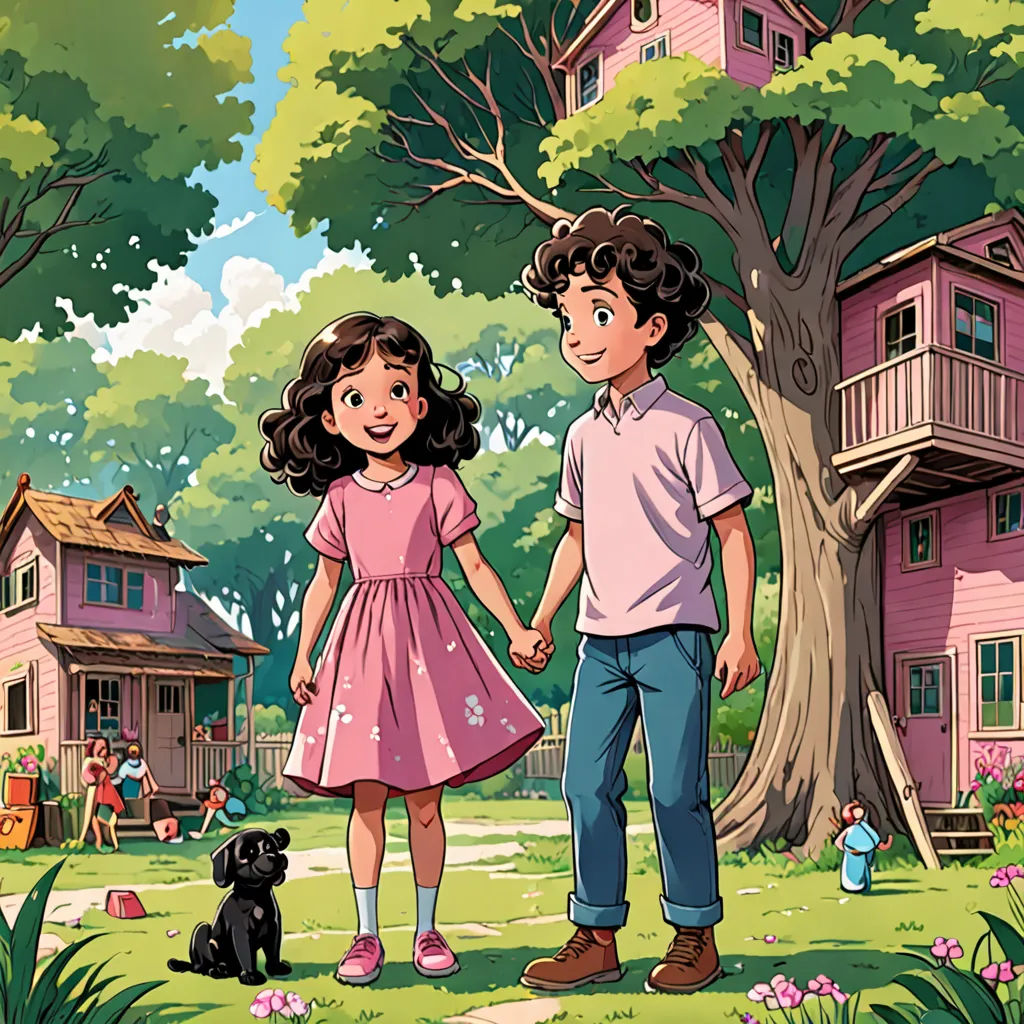 a boy and a girl holding hands in front of a tree house and a dog in the yard of a house, american scene painting, a storybook illustration, Choi Buk, official art