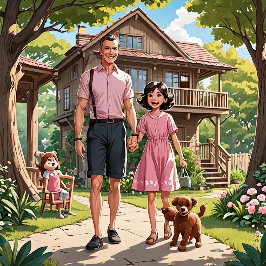 a man and a little girl walking down a sidewalk with a dog and a teddy bear in front of a house, american scene painting, a storybook illustration, F Scott Hess, official art