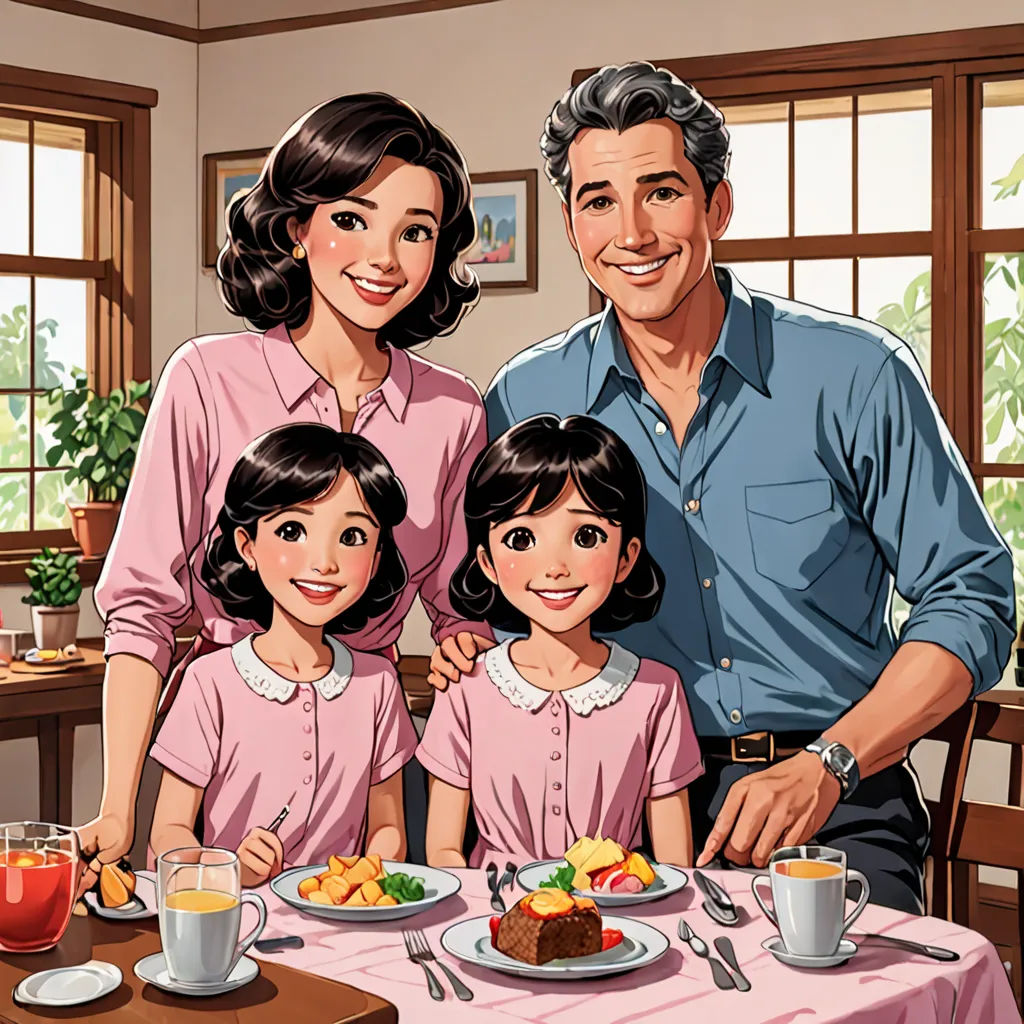 a family is sitting at a table with a cake and coffee in front of them, and a painting of them, american scene painting, a storybook illustration, David Park, official art
