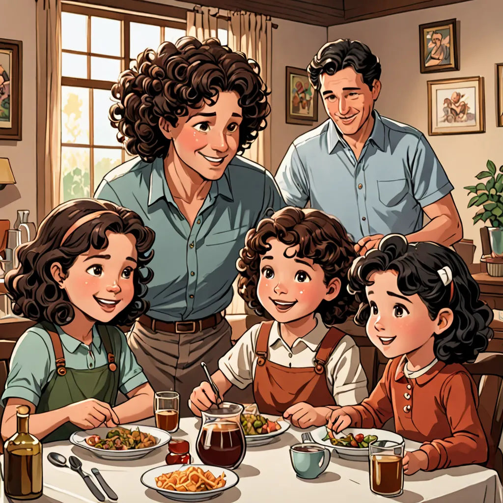 a family sitting at a table eating dinner together, with a man standing behind them and a woman standing behind them, serial art, a storybook illustration, Diego Gisbert Llorens, official art