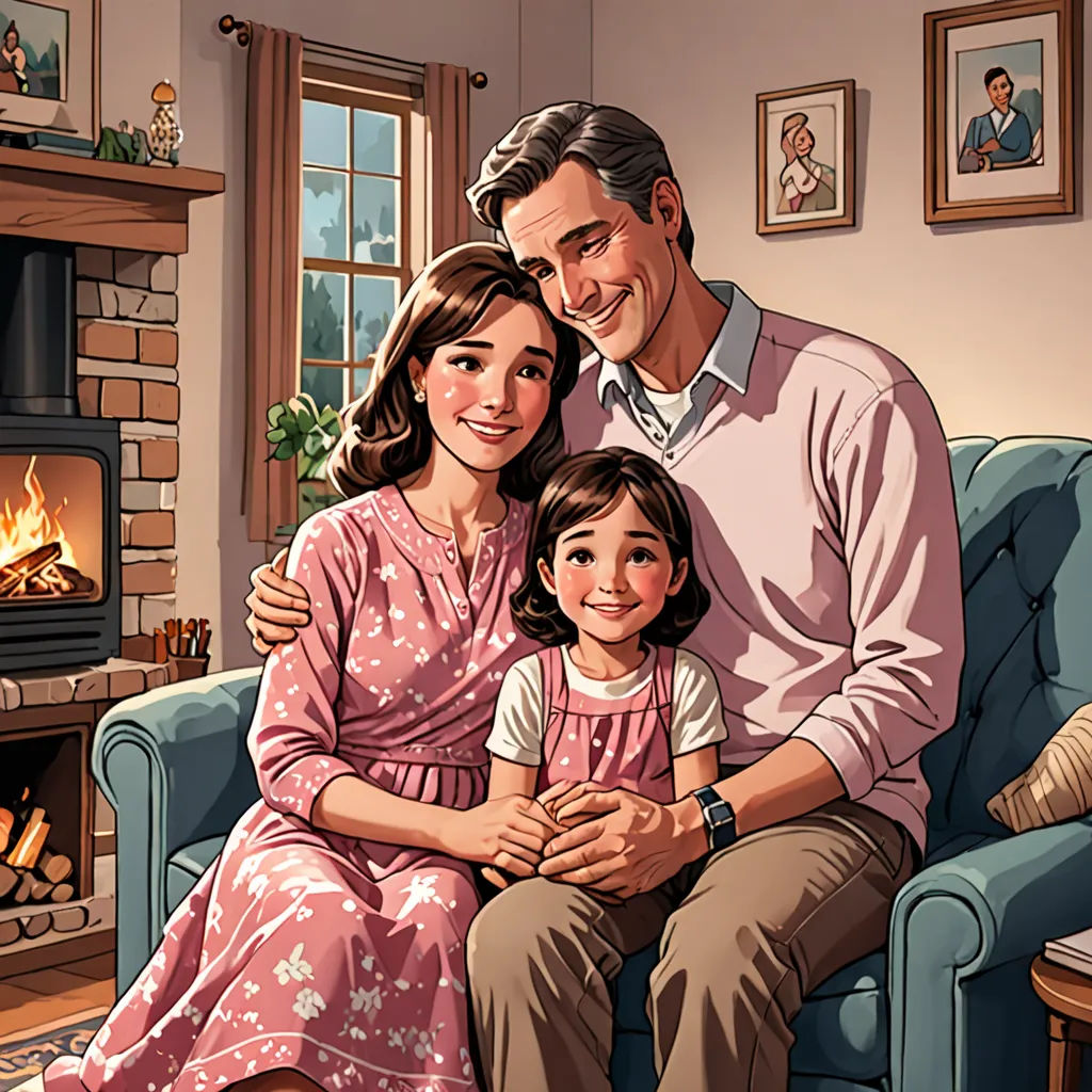 a man and woman sitting on a couch with a child in front of a fireplace in a living room, american realism, a storybook illustration, F Scott Hess, storybook illustration