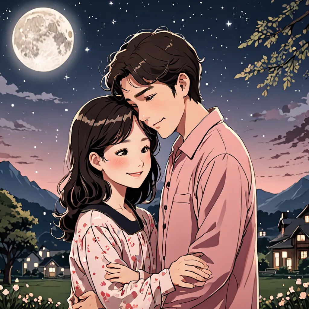 a couple is hugging under a full moon in the night sky with a full moon behind them and a full moon in the sky, romanticism, a comic book panel, Byeon Sang-byeok, moon