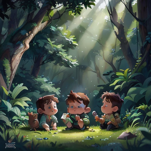 three children sitting in the middle of a forest with sunlight streaming through the trees and leaves on the ground
