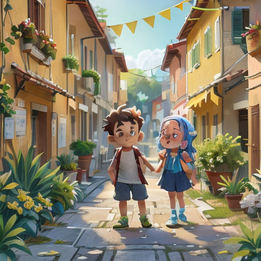 two children walking down a street holding hands in a cartoon style photo by matto - art com / matto - art com