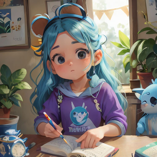 a girl with blue hair sitting at a table with a book and a pencil in her hand and a cat on the table