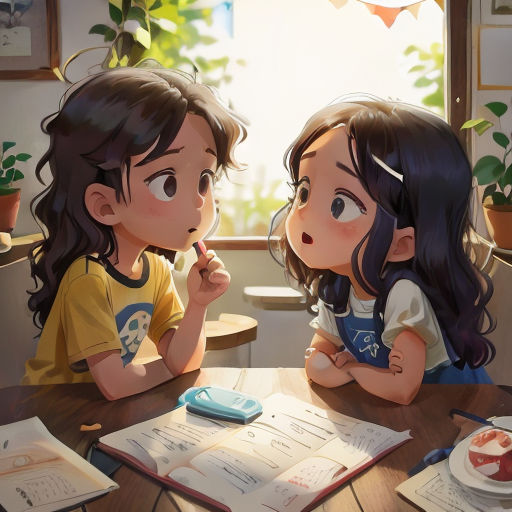 two children sitting at a table with a book and pencil in their hands and a plant in the background