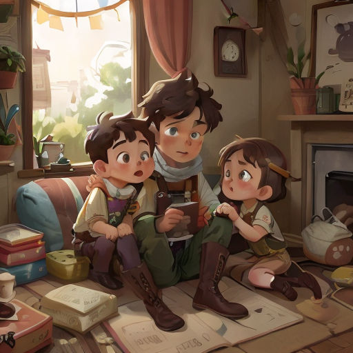 a couple of kids sitting on top of a floor next to a fire place in a living room next to a book