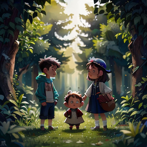 a couple of kids standing next to each other in a forest with trees and grass on the ground and a forest background