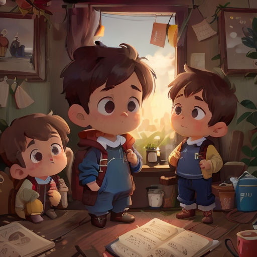 a couple of kids standing next to each other in a room with a book on the table and a window