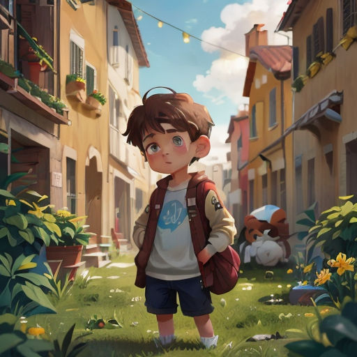 a boy standing in a yard with a backpack on his back and a teddy bear in the background, with a string of lights strung across the street