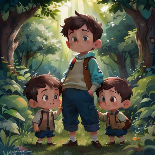 a boy and two boys standing in the woods with a backpack on their shoulders and a backpack on their shoulder