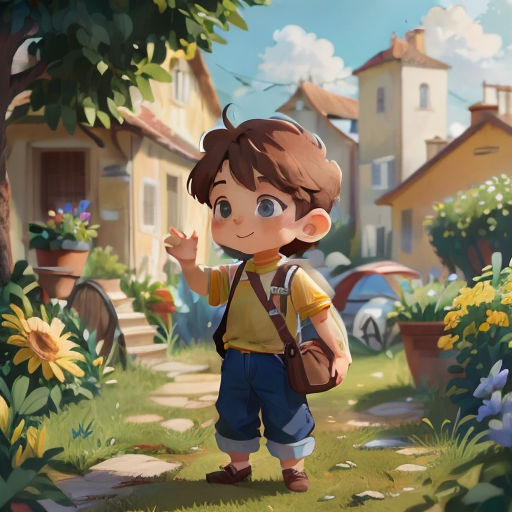 a boy is standing in the grass with a backpack and a flower pot in his hand and a house in the background