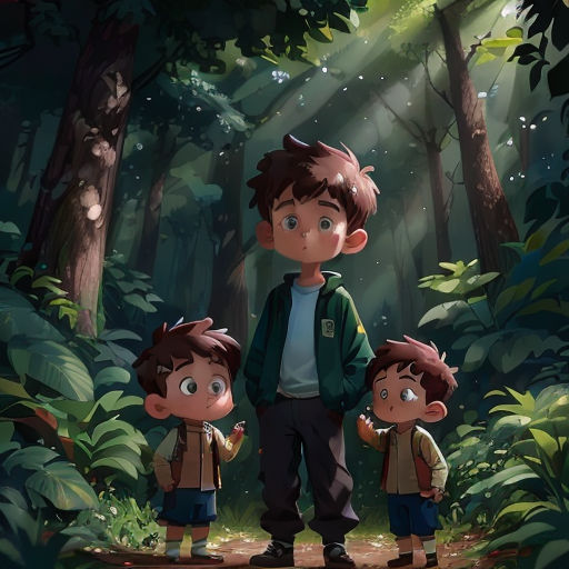 a group of children standing in the middle of a forest with a light shining on them and a man standing behind them