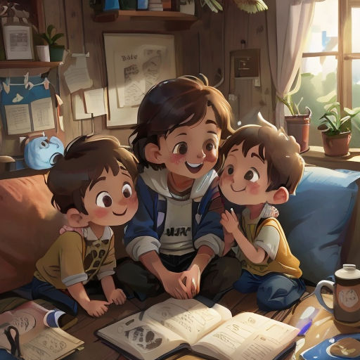 a group of children sitting on a couch next to an open book and a cup of coffee on a table